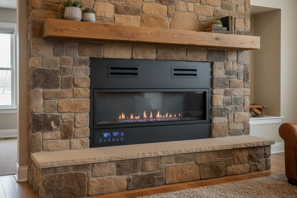 Clean and maintained gas fireplace in Reedsport home