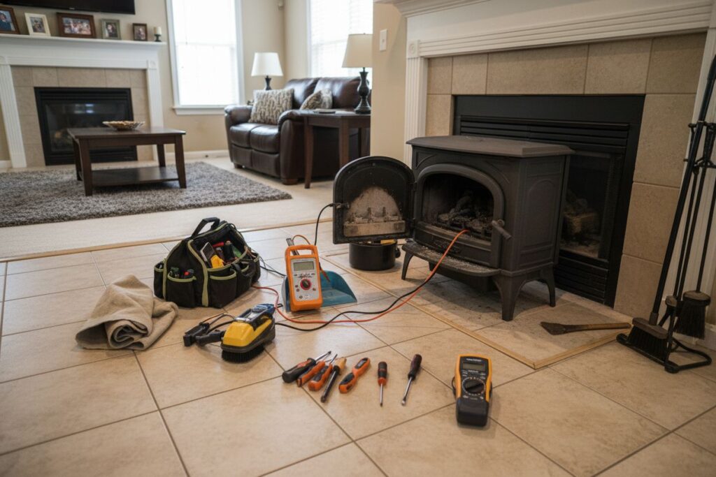 Expert fireplace technician servicing gas fireplace in Saint Paul