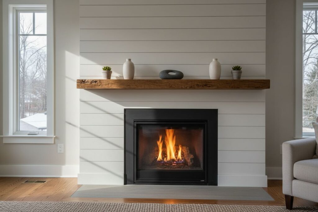 Gas fireplace with decor in Salem residence