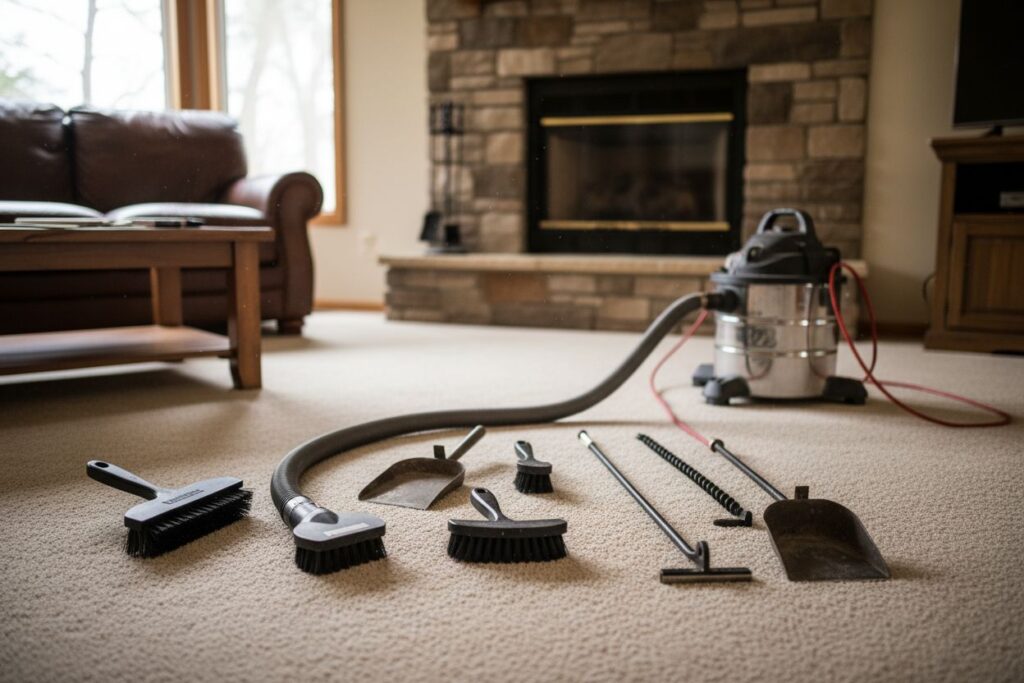 Expert fireplace technician servicing gas fireplace in Salem