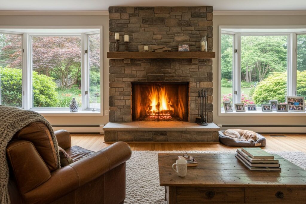Comfortable fireplace view in Sandy living room