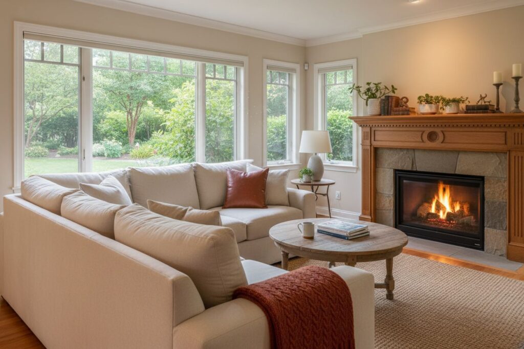 Cozy gas fireplace in Sandy home