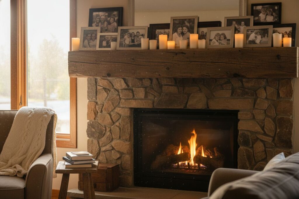 Gas fireplace with decor in Seaside residence