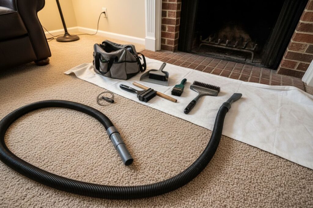 Expert fireplace technician servicing gas fireplace in Seaside