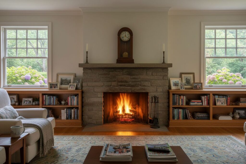 Comfortable fireplace view in Seaside living room