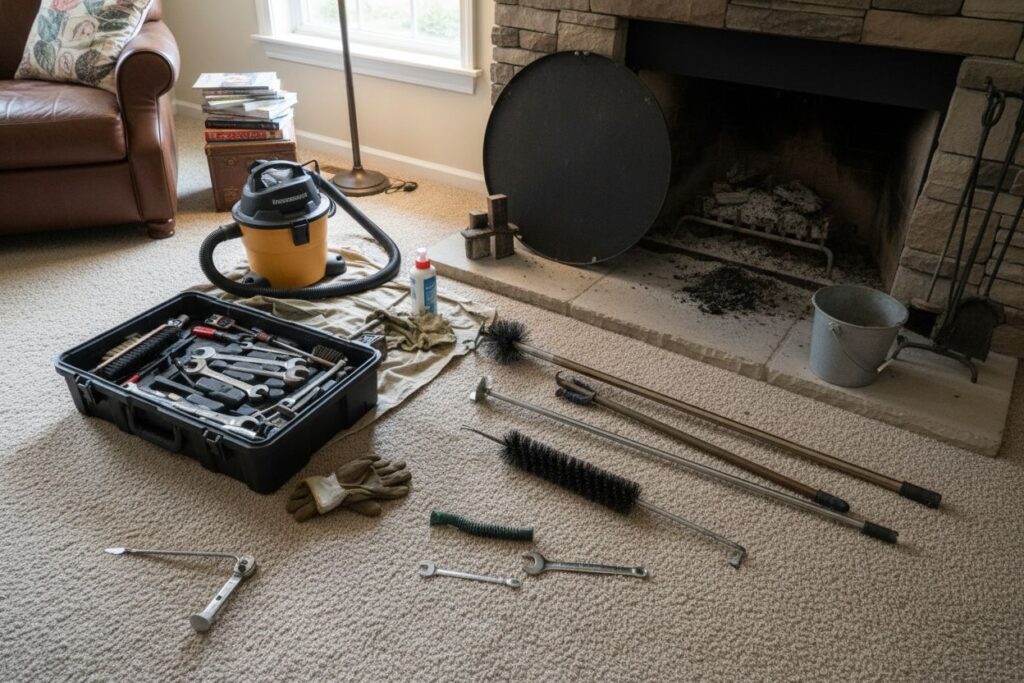 Expert fireplace technician servicing gas fireplace in Skokie