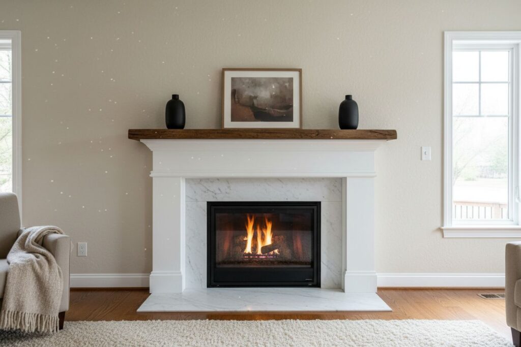 Gas fireplace with decor in Southwest Milwaukee residence