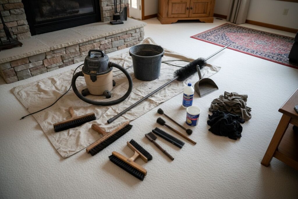 Expert fireplace technician servicing gas fireplace in St. Charles