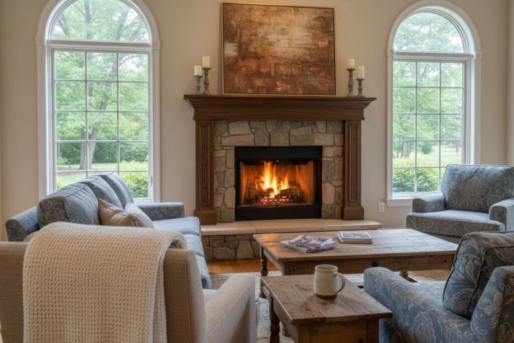 Comfortable fireplace view in St. Charles living room