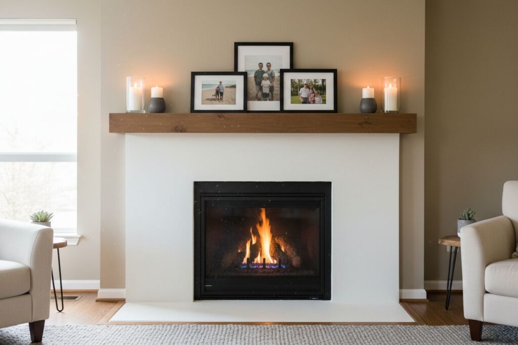 Gas fireplace with decor in Tigard residence