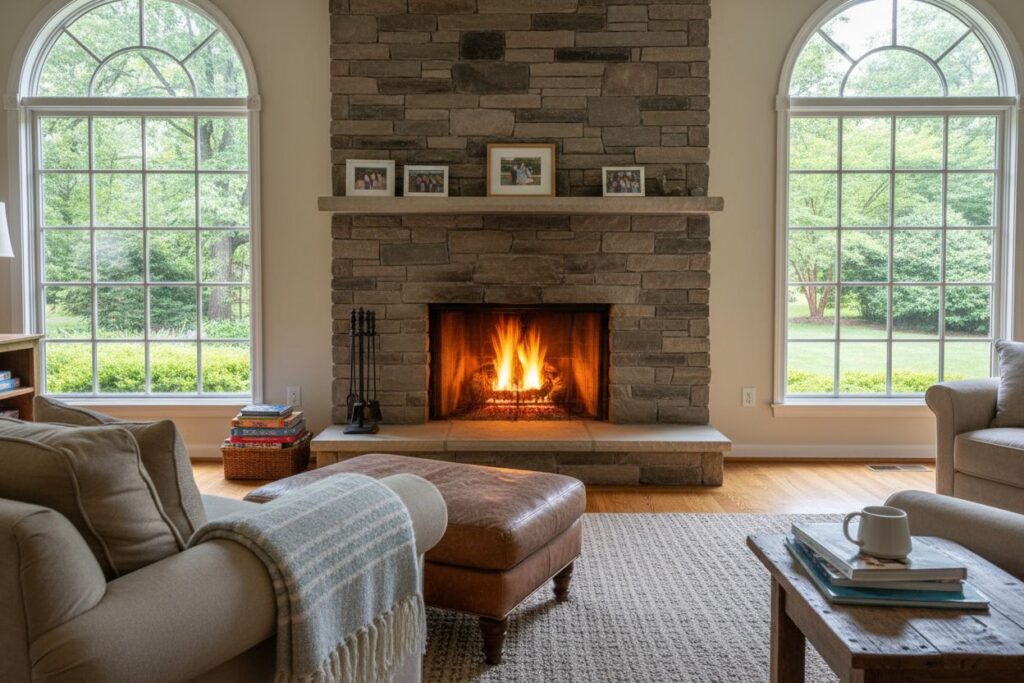 Comfortable fireplace view in Tillamook living room