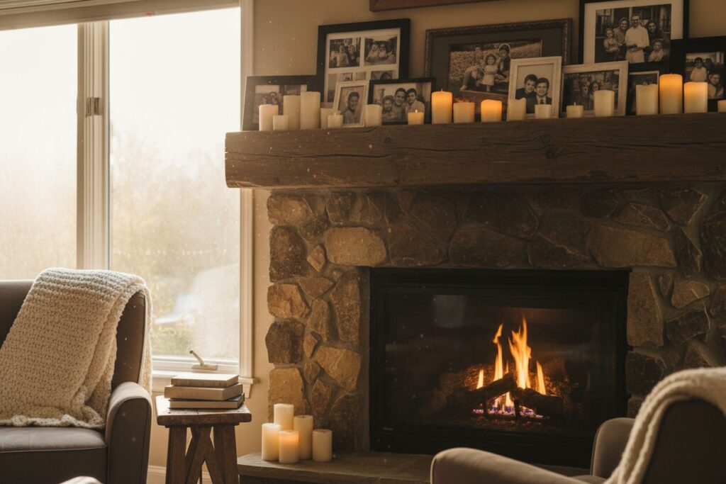 Gas fireplace with decor in Tillamook residence