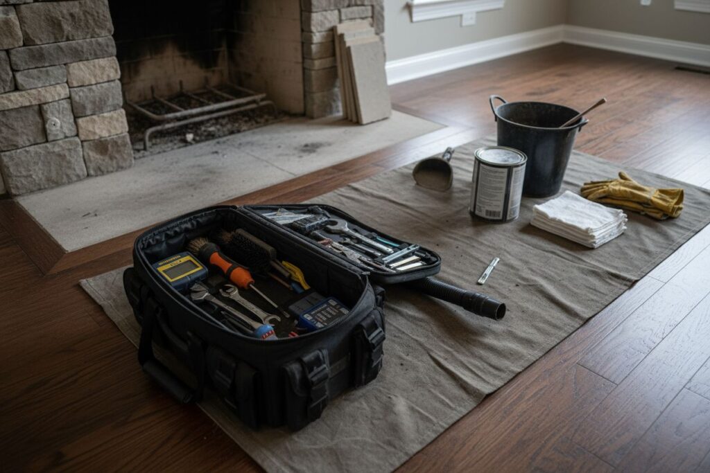 Expert fireplace technician servicing gas fireplace in Tucson
