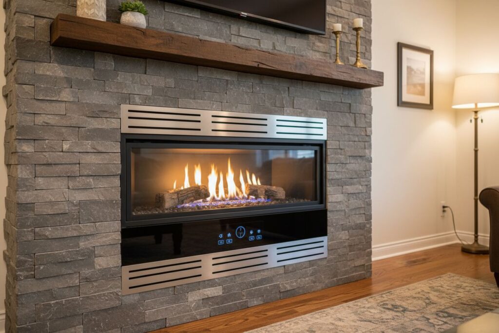 Clean and maintained gas fireplace in Vancouver home
