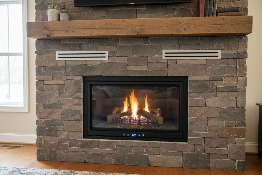 Clean and maintained gas fireplace in Vancouver home