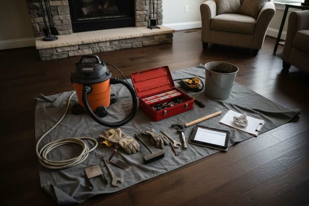 Expert fireplace technician servicing gas fireplace in Vernon Hills