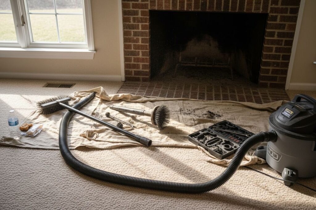 Expert fireplace technician servicing gas fireplace in Wakefield