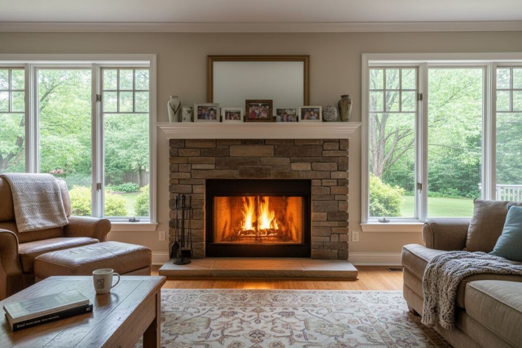 Comfortable fireplace view in Wakefield living room