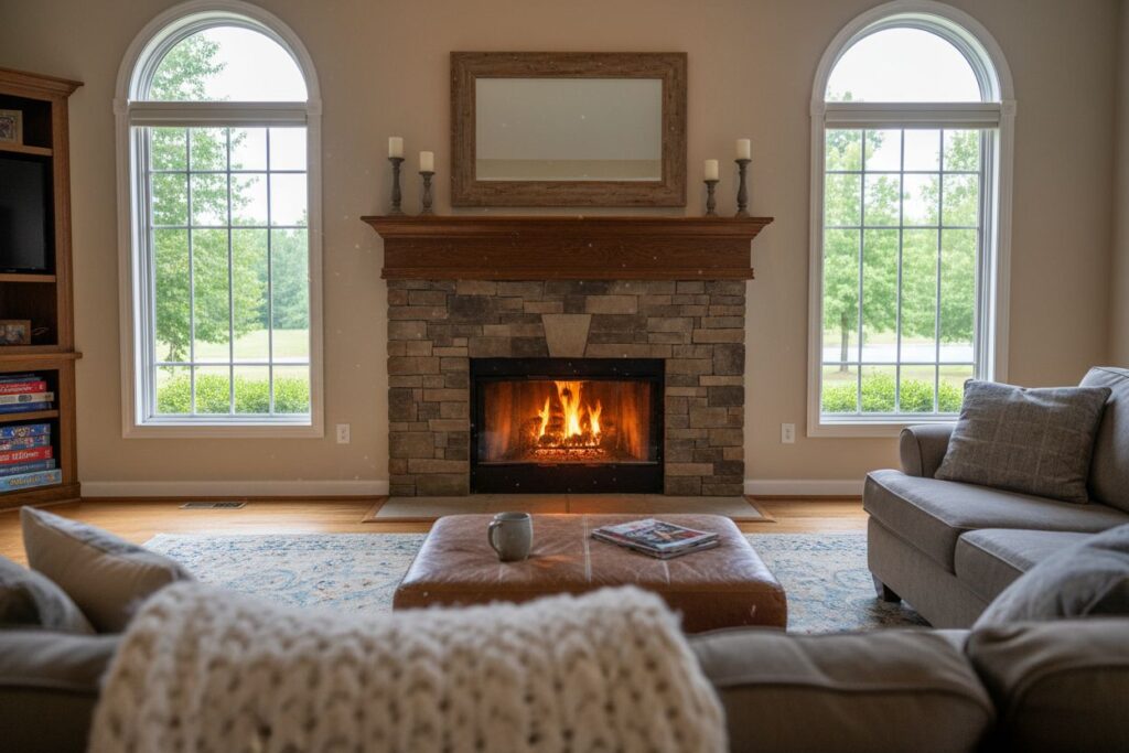 Comfortable fireplace view in Wellesley living room