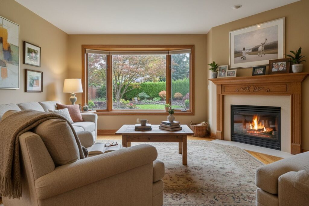 Cozy gas fireplace in Wellesley home