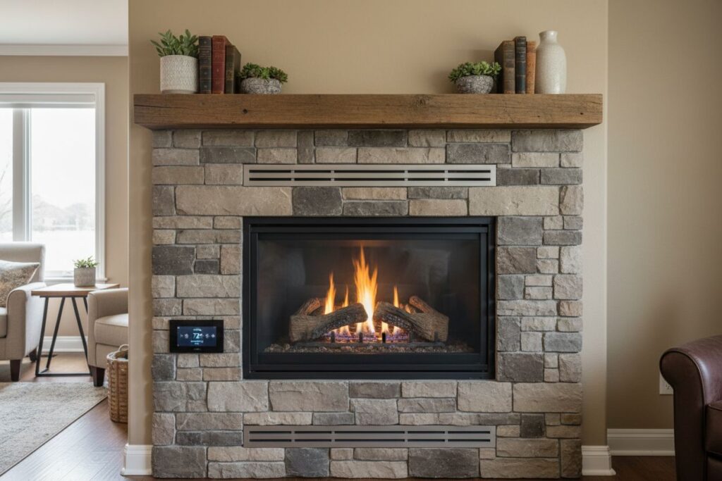 Clean and maintained gas fireplace in West Seattle home