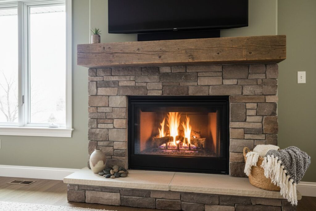 Gas fireplace with decor in Westlake residence