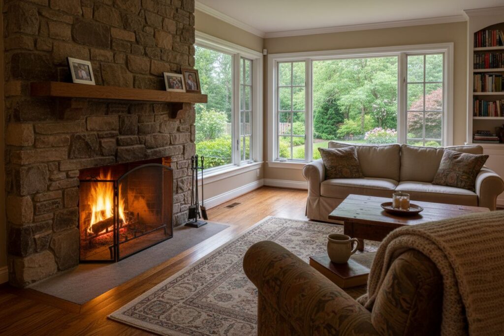 Comfortable fireplace view in Westwood living room