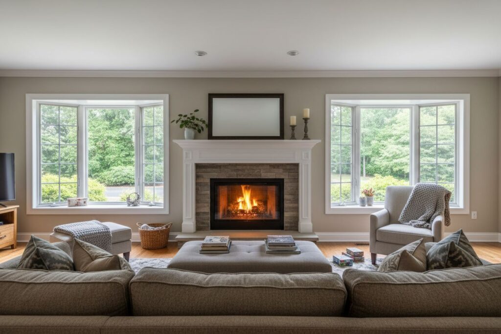 Comfortable fireplace view in Wheaton living room