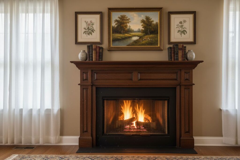 Gas fireplace with decor in Wheaton residence