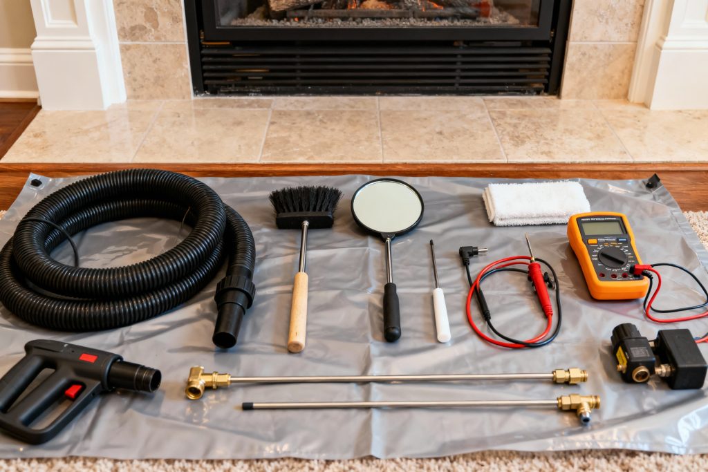 Professional gas fireplace maintenance tools on protective tarp in Alpharetta, GA