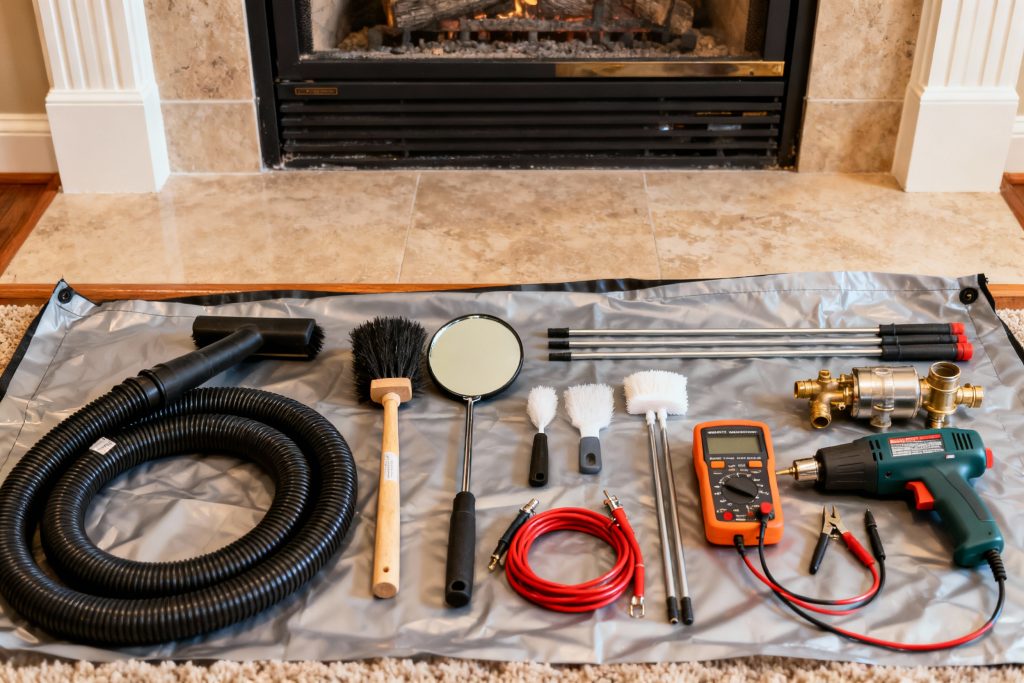 Professional gas fireplace maintenance tools on protective tarp in Amherst, OH