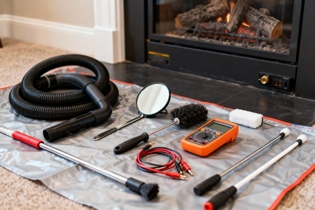 Professional gas fireplace maintenance tools on protective tarp in Apple Valley, MN