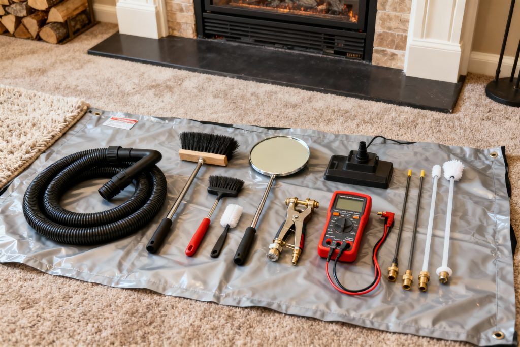 Professional gas fireplace maintenance tools on protective tarp in Bellevue, WA