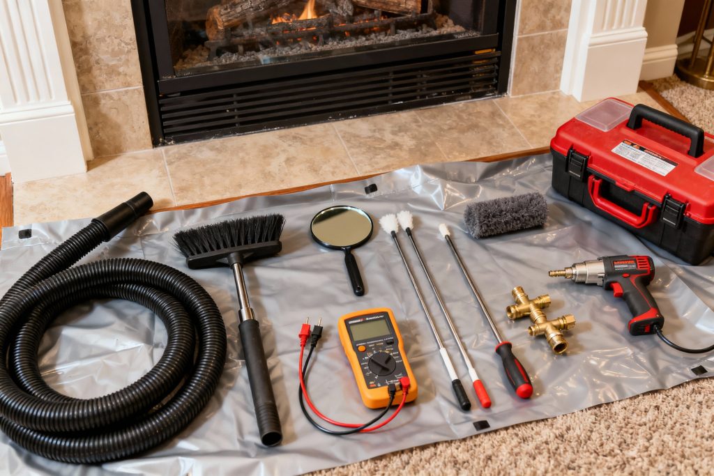 Professional gas fireplace maintenance tools on protective tarp in Brookfield, WI