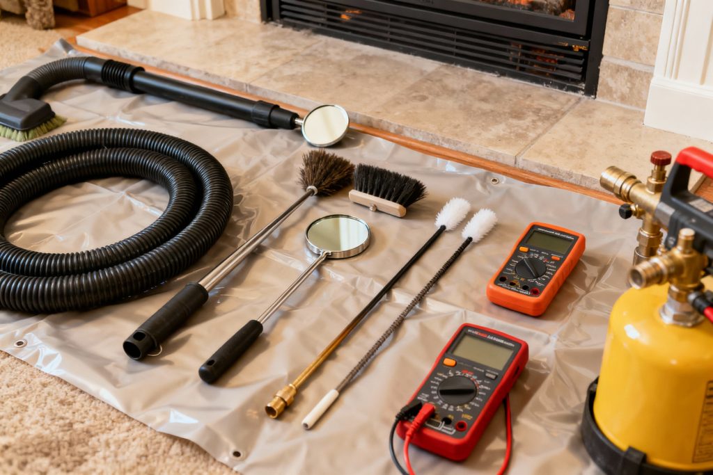 Professional gas fireplace maintenance tools on protective tarp in Burlington, MA