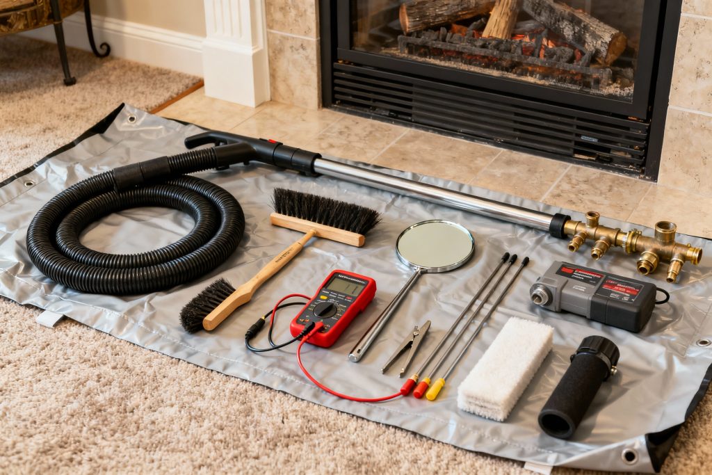 Professional gas fireplace maintenance tools on protective tarp in Burr Ridge, IL