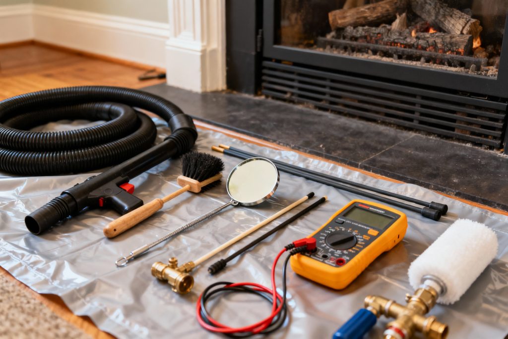 Professional gas fireplace maintenance tools on protective tarp in Cambridge, MA