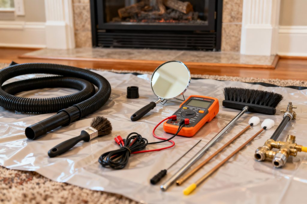 Professional gas fireplace maintenance tools on protective tarp in Canton, MA