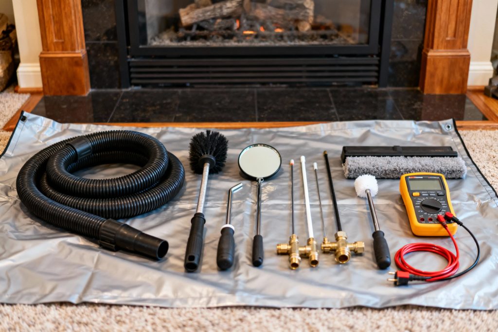 Professional gas fireplace maintenance tools on protective tarp in Carson, WA