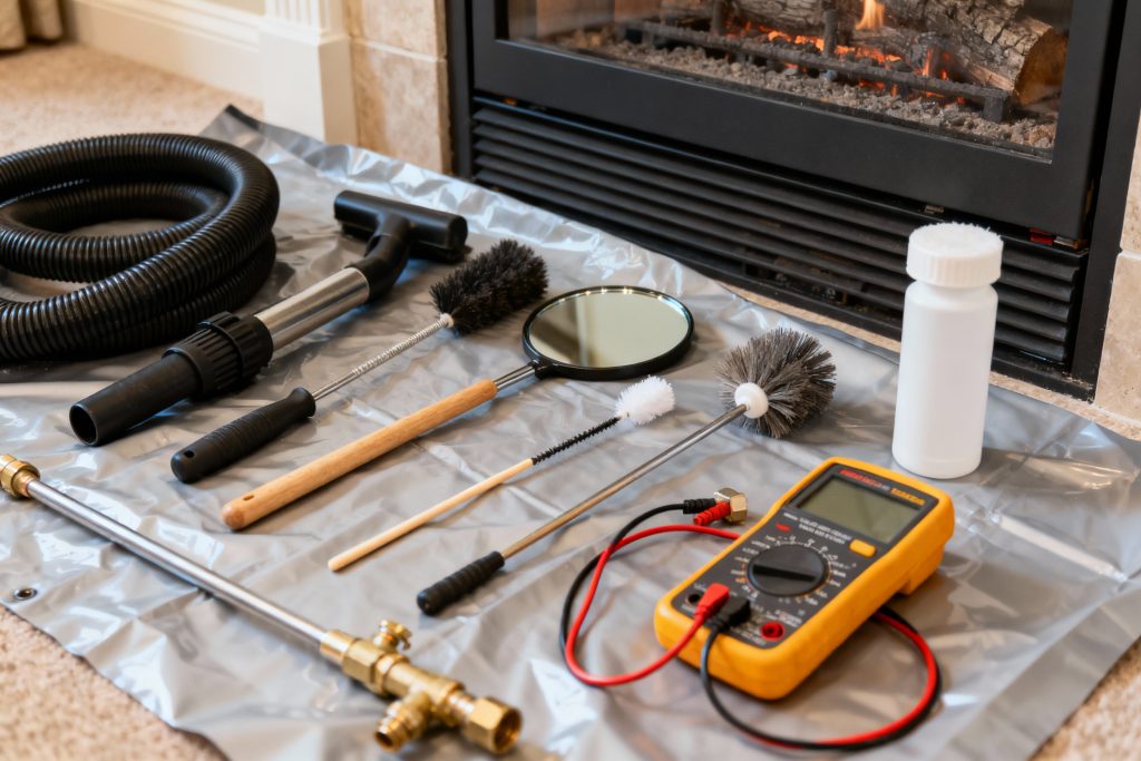 Professional gas fireplace maintenance tools on protective tarp in Charles, IL