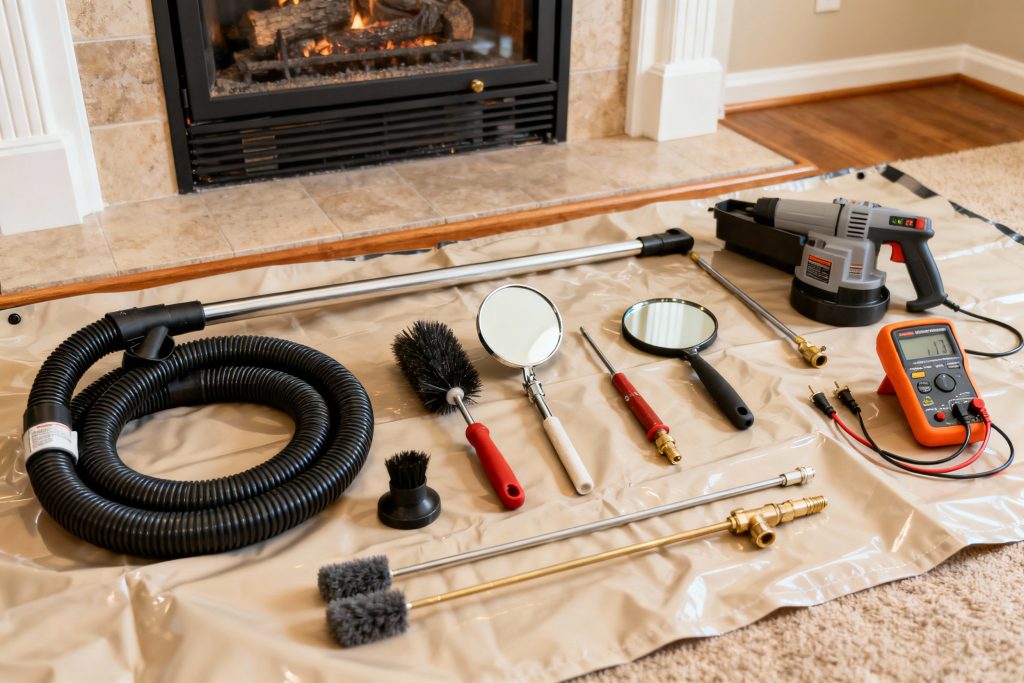 Professional gas fireplace maintenance tools on protective tarp in Chico, CA