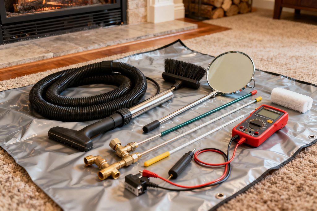 Professional gas fireplace maintenance tools on protective tarp in Decatur, GA