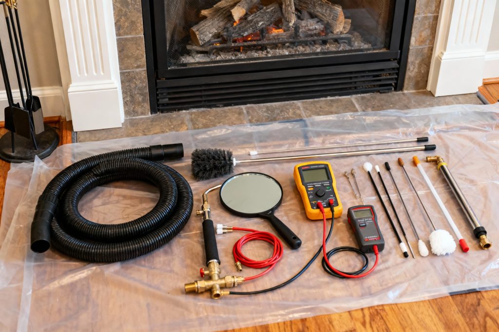 Professional gas fireplace maintenance tools on protective tarp in Dublin, OH