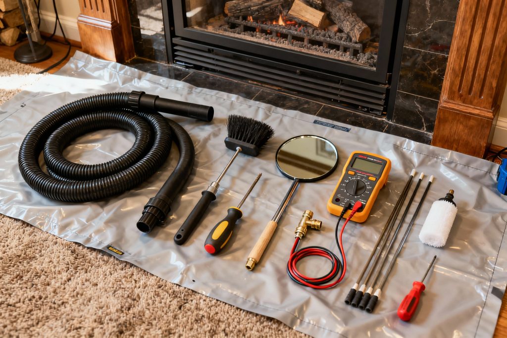 Professional gas fireplace maintenance tools on protective tarp in Eagan, MN