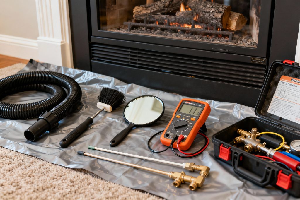 Professional gas fireplace maintenance tools on protective tarp in Eastham, MA