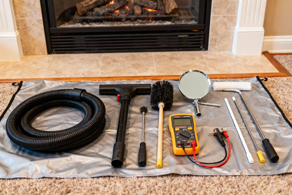 Professional gas fireplace maintenance tools on protective tarp in Eden Prairie, MN