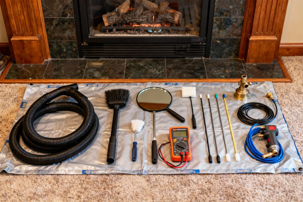 Professional gas fireplace maintenance tools on protective tarp in Eugene, OR
