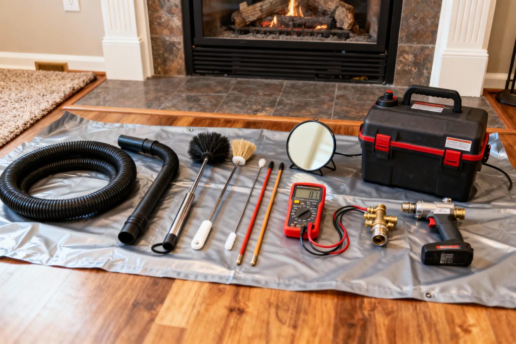 Professional gas fireplace maintenance tools on protective tarp in Everett, WA