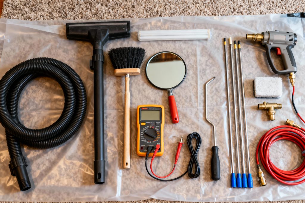 Professional gas fireplace maintenance tools on protective tarp in Florence, OR