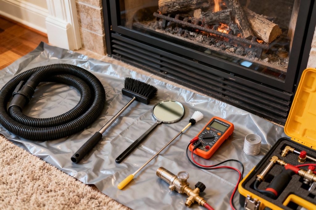 Professional gas fireplace maintenance tools on protective tarp in Francisco, CA